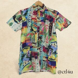 Surf Society City Print Shirt M Funky Y2K Resort Party Coastal Festival